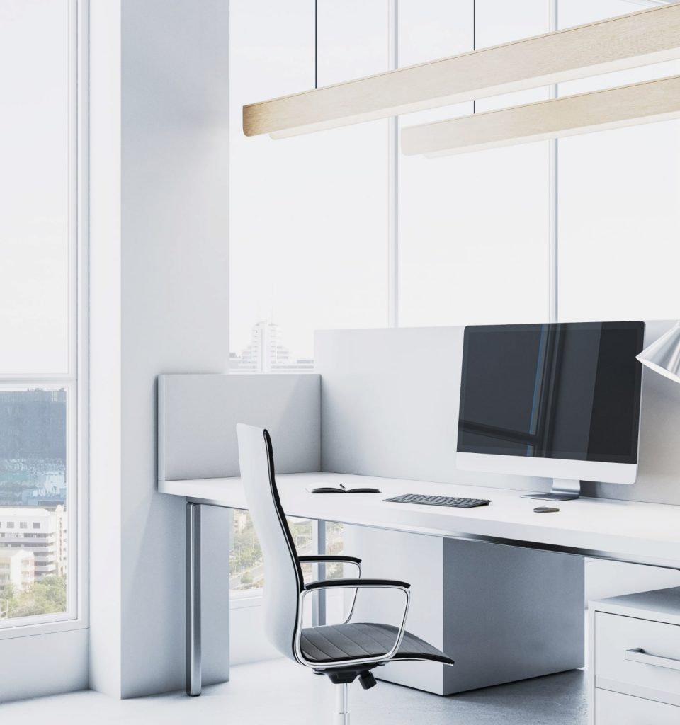 modern-office-desk-with-computer-chair-near-large-window-cityscape-background-3d-rendering