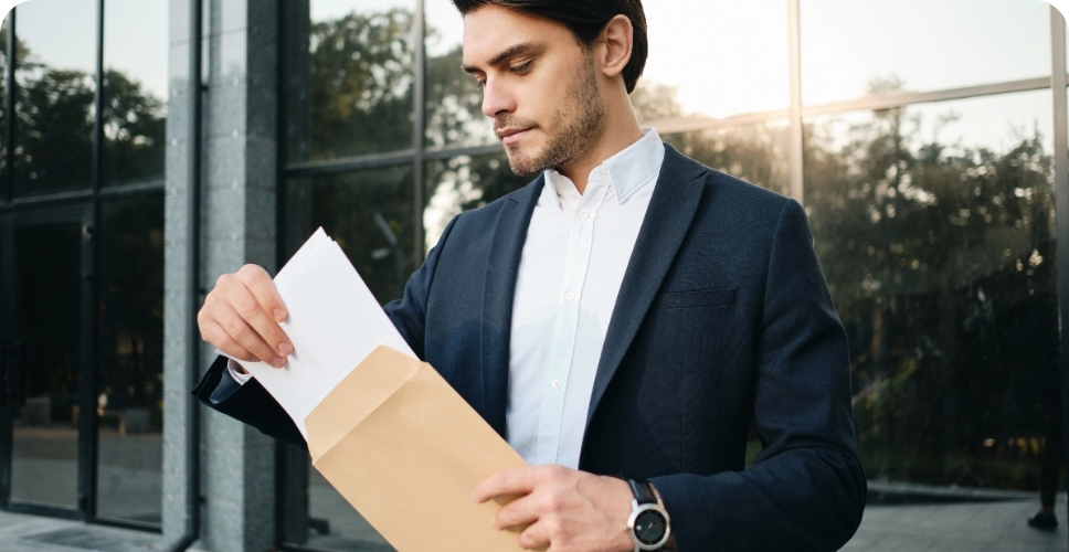 young-handsome-bearded-brunette-man-white-shirt-classic-jacket-standing-dreamily-opening-envelope-with-glass-building-background@2x Geschäftsmann mit Mappe vor Bürogebäude